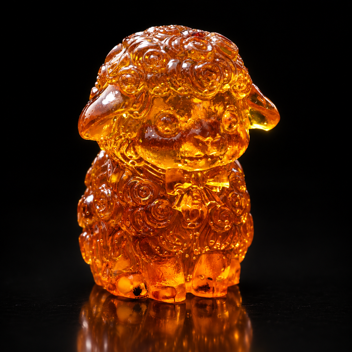 Made in USA Natural Baltic Amber sheep figurine in deep honey tone by KIZIMA® on a black studio backdrop, Christmas and New Year 2027 gift