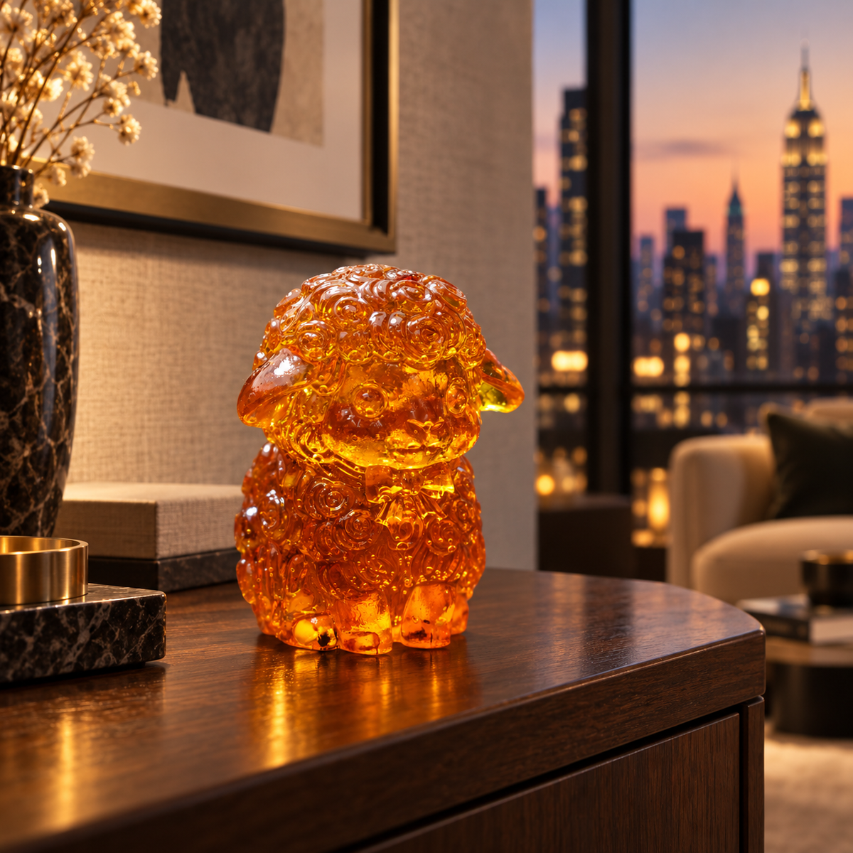 Deep honey Baltic amber sheep on a holiday shelf in a Manhattan interior, Year of the Sheep Christmas decor handmade in Brooklyn