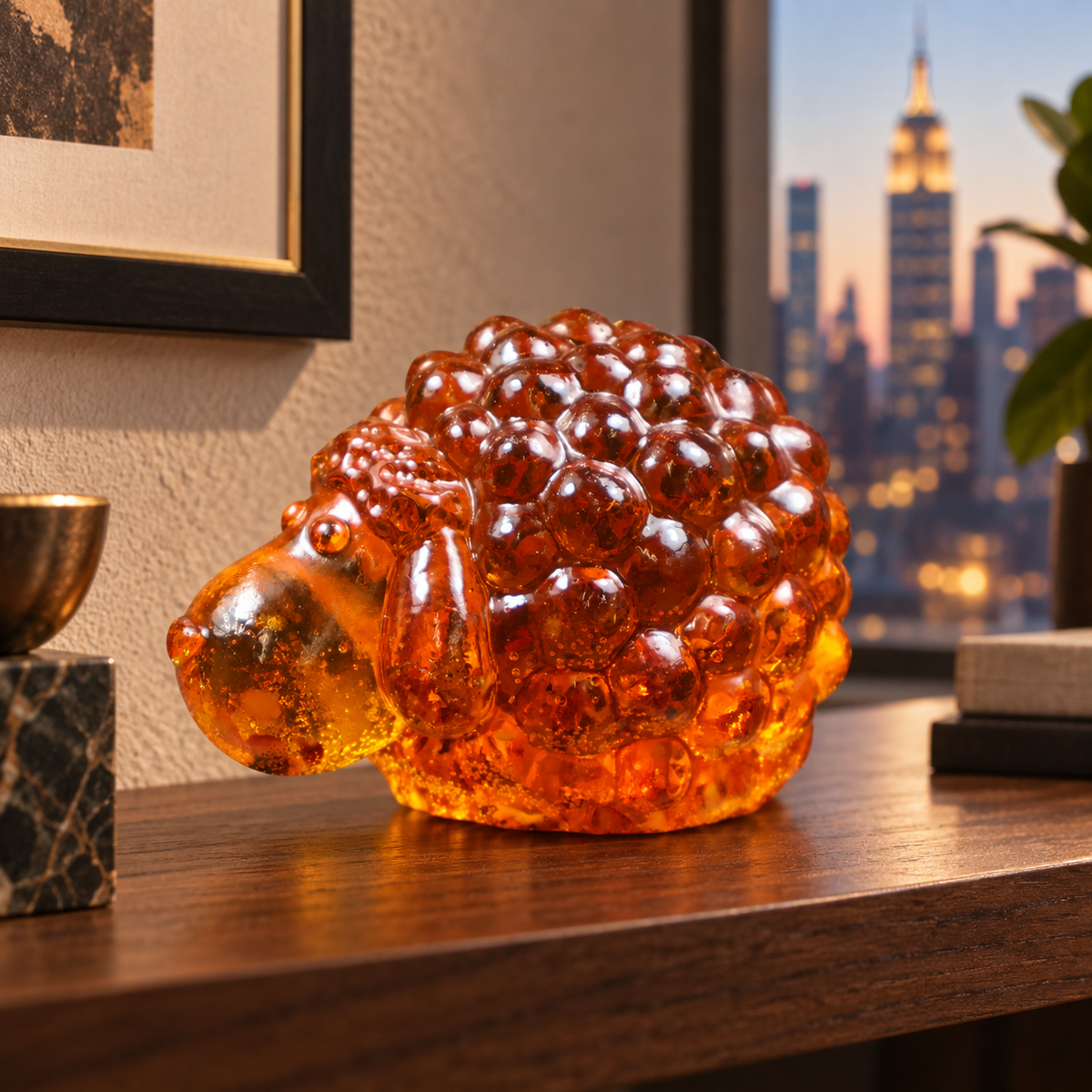Baltic amber sheep on a Christmas mantel in a Manhattan interior, Year of the Sheep holiday decor handmade in Brooklyn