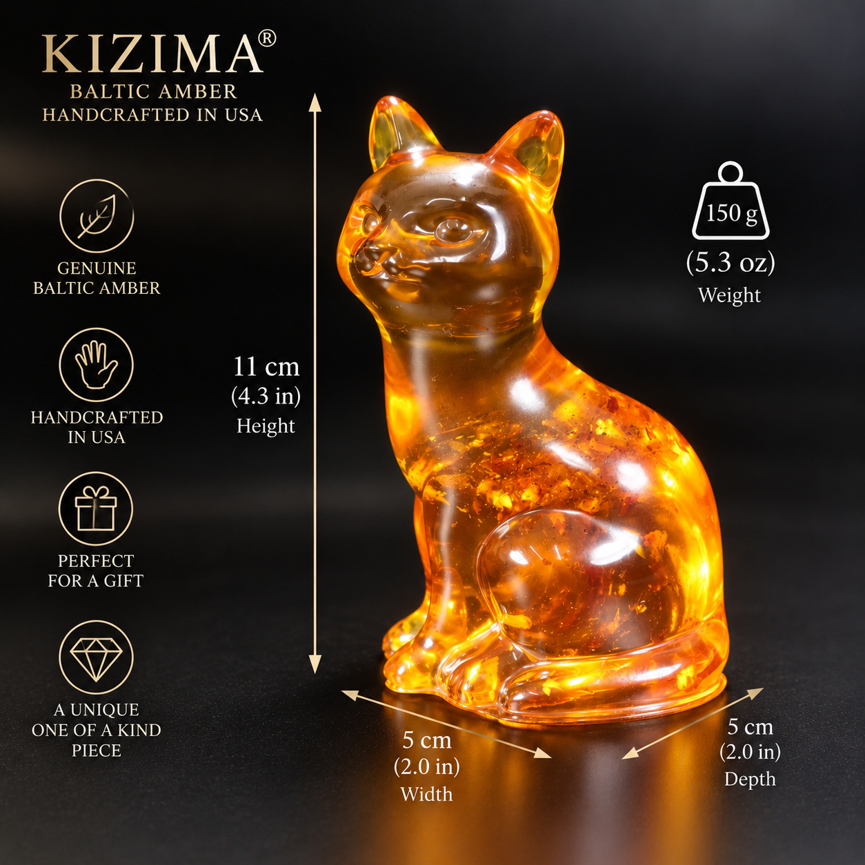 KIZIMA® Baltic amber cat figurine size chart: 11 cm (4.3 in) tall, 5 x 5 cm (2 x 2 in) base — genuine Baltic amber, handcrafted in USA, one of a kind