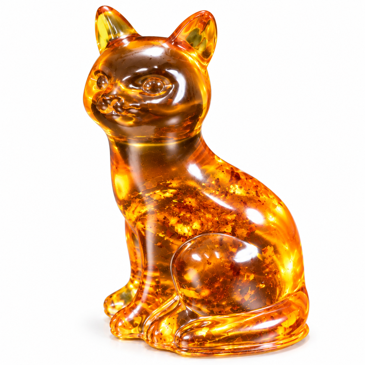 Natural Baltic amber sitting cat figurine on white background, cognac amber with golden flecks, handcrafted in USA by KIZIMA®