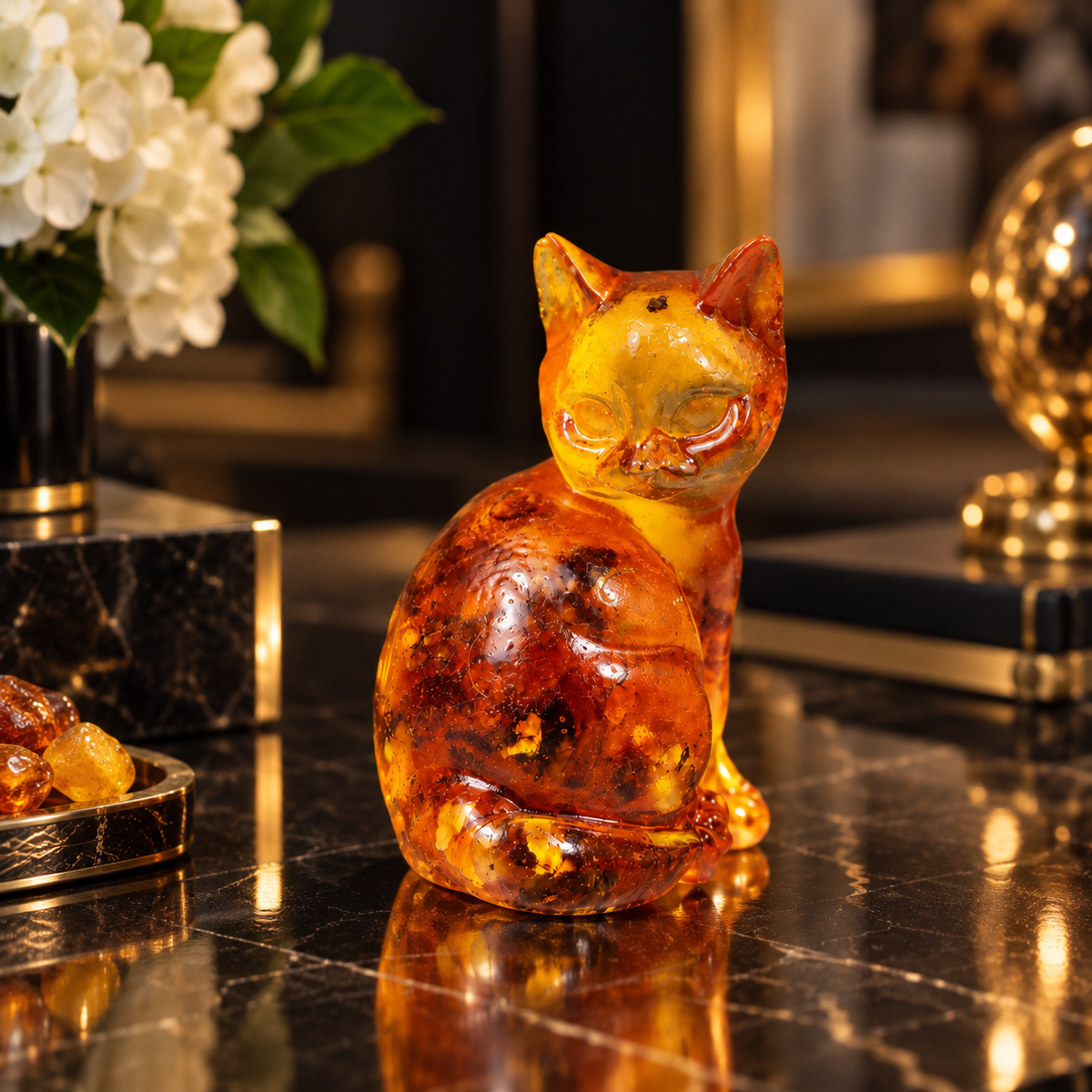 Made in USA natural Baltic amber sitting cat figurine by KIZIMA® on a marble desk with white flowers — cognac amber with golden inclusions, cat lover gift
