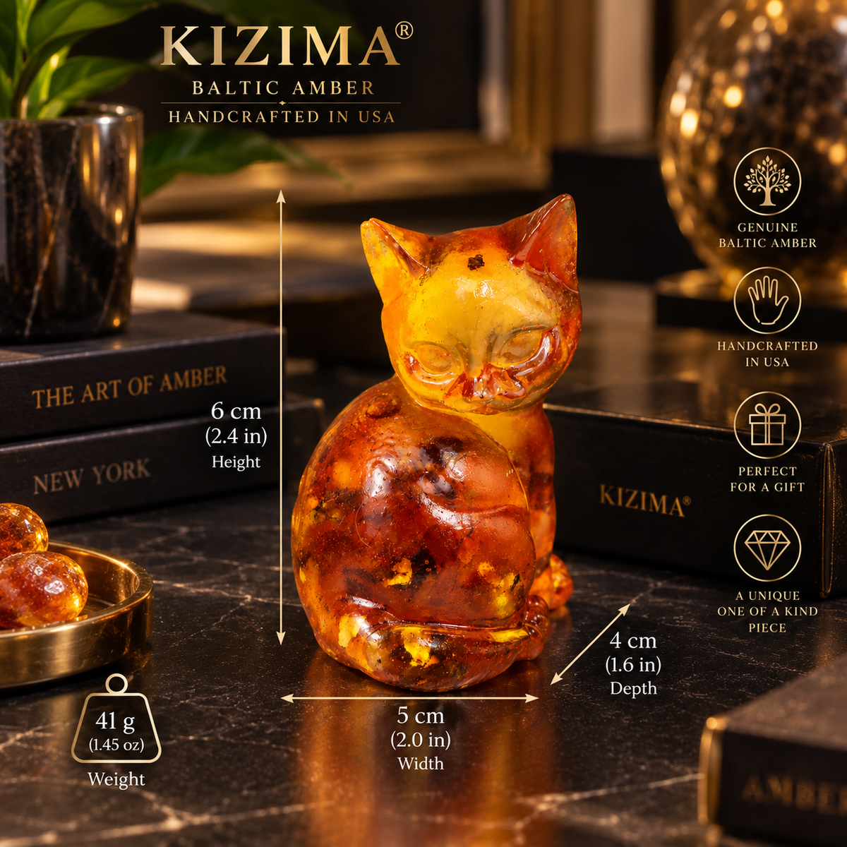 KIZIMA® Baltic amber cat figurine infographic: genuine Baltic amber, handcrafted in USA, one-of-a-kind piece, 6 cm tall, 41 g — with KIZIMA gift box
