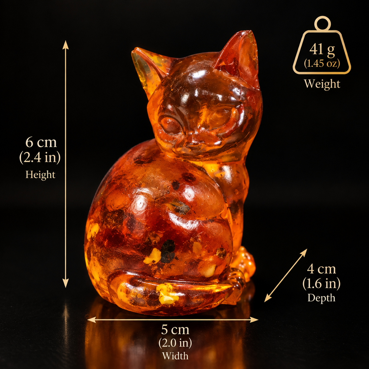 Baltic amber sitting cat figurine size chart: 6 cm (2.4 in) tall, 5 x 4 cm (2 x 1.6 in) base, 41 g (1.45 oz) — handcrafted in USA by KIZIMA®