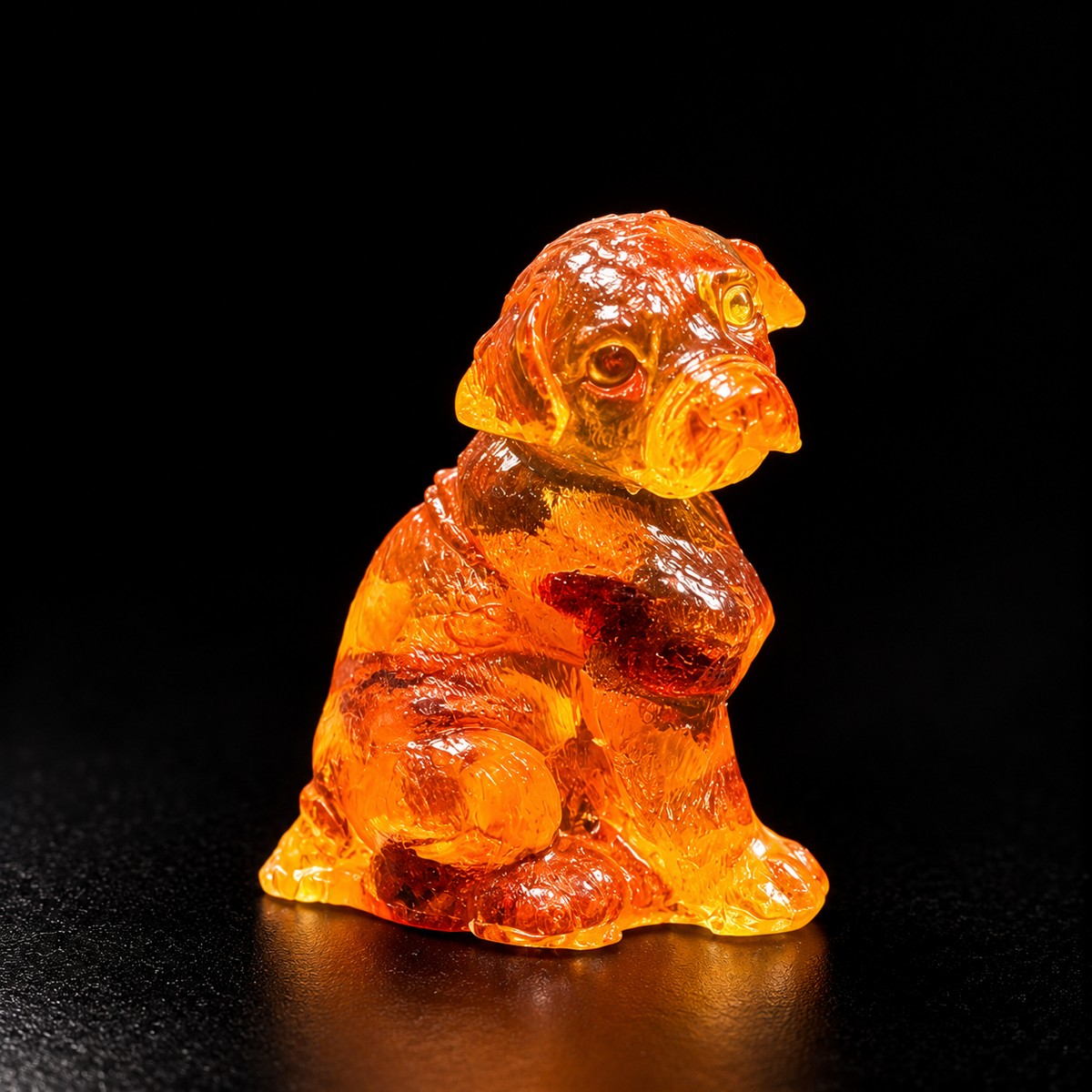 Made in USA natural Baltic amber sitting puppy figurine, floppy-eared puppy with tilted head glowing honey-cognac on black studio background — KIZIMA® Brooklyn NY