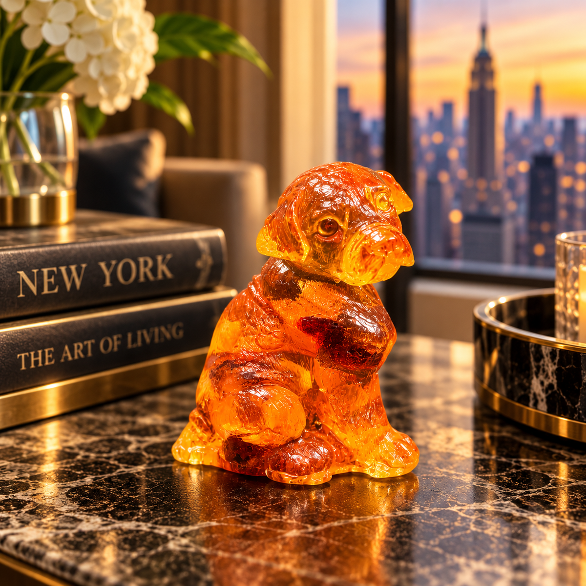 Made in USA natural Baltic amber sitting puppy figurine as desk decor on a marble console with Manhattan skyline — dog lover gift by KIZIMA® Brooklyn NY