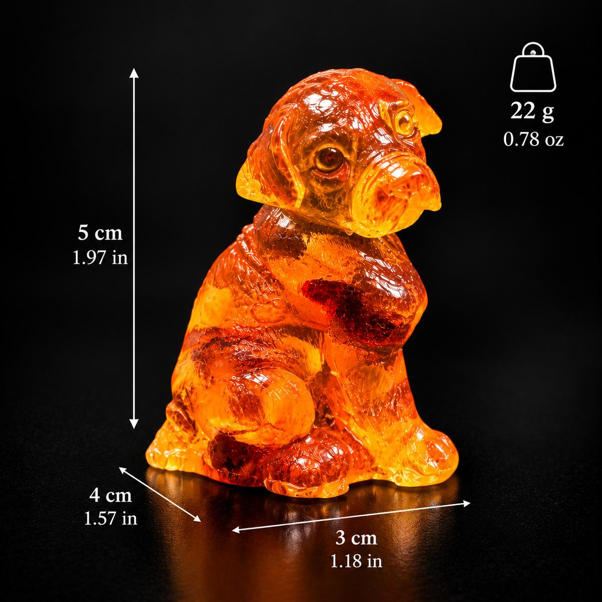 Made in USA natural Baltic amber sitting puppy figurine size chart — 5 cm (1.97 in) tall, 4 cm (1.57 in) deep, 3 cm (1.18 in) wide, 22 g (0.78 oz) — KIZIMA® Brooklyn NY