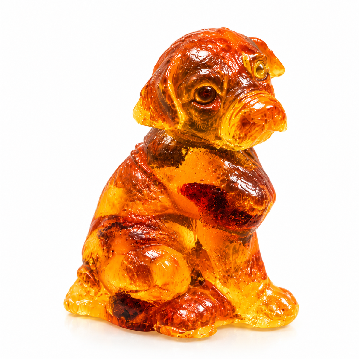 Made in USA natural Baltic amber sitting puppy figurine on white background — floppy-eared puppy with tilted head in translucent honey amber with natural inclusions, KIZIMA® Brooklyn NY