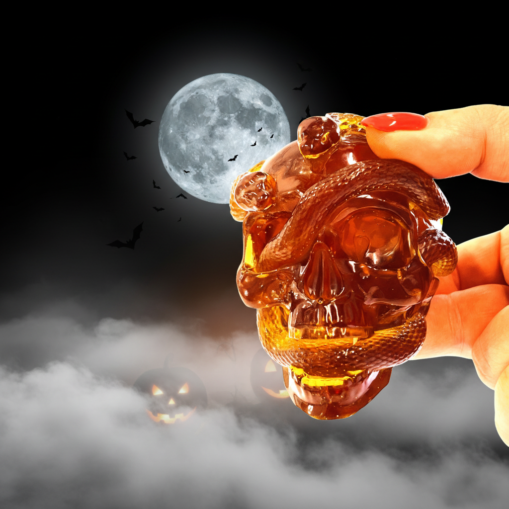 Baltic amber skull and snake figurine by KIZIMA® — handmade in USA, detail view