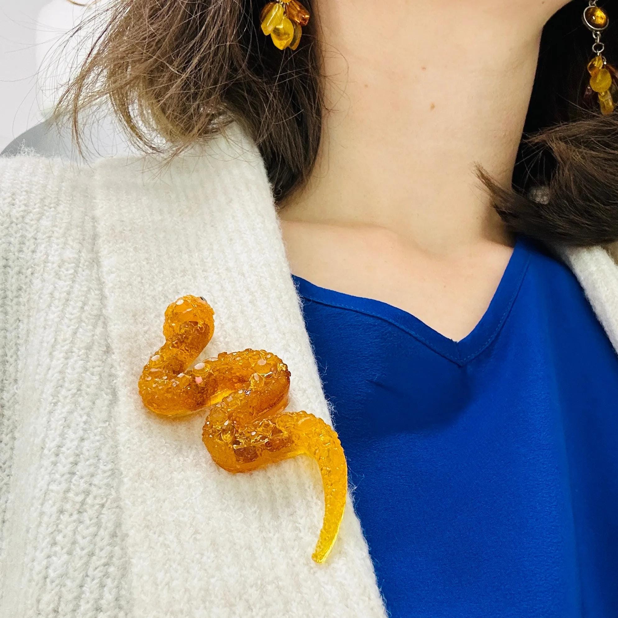 Snake Baltic amber brooch by KIZIMA® — genuine amber jewelry, handmade in USA, detail view