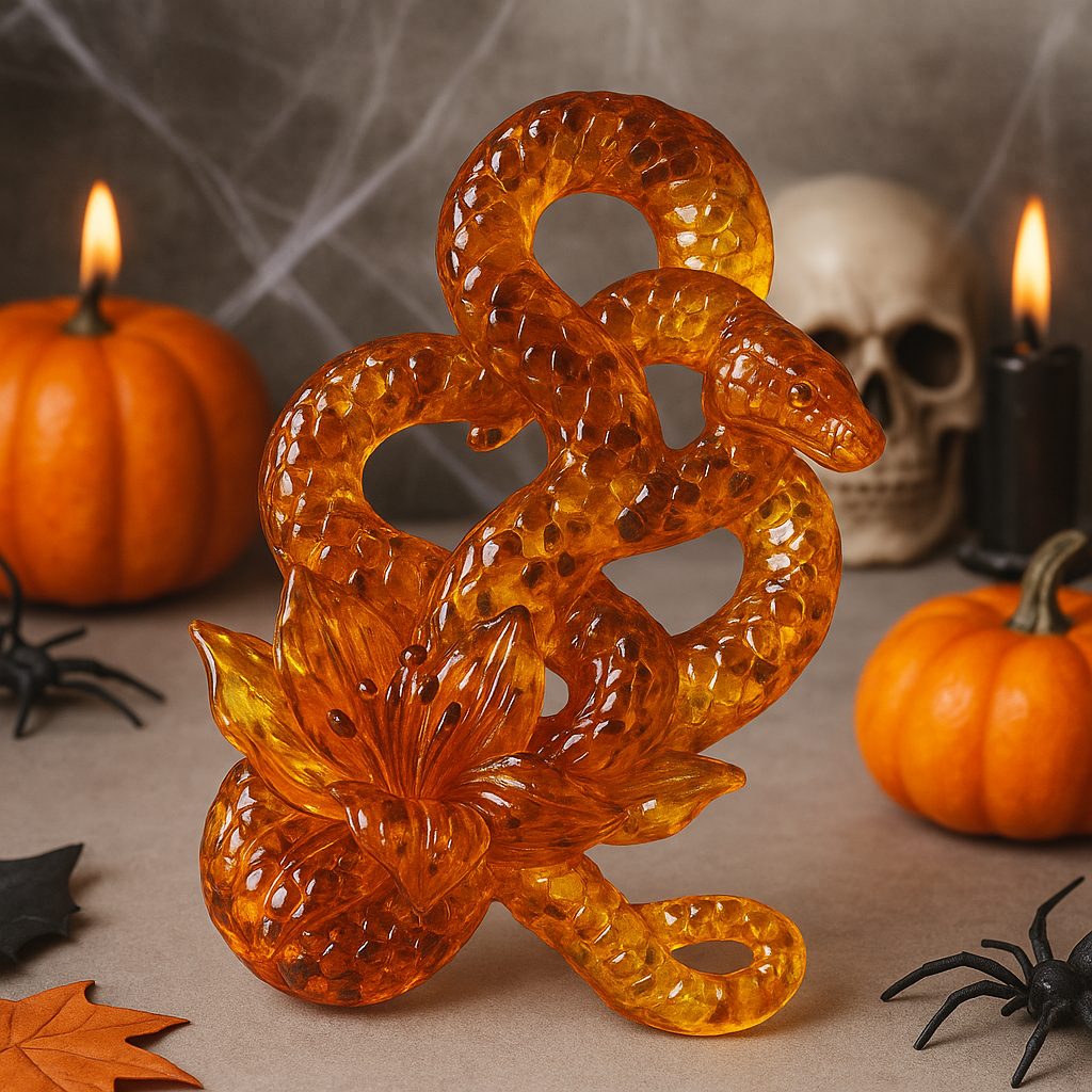 Baltic amber snake with lily figurine, handmade by KIZIMA New York