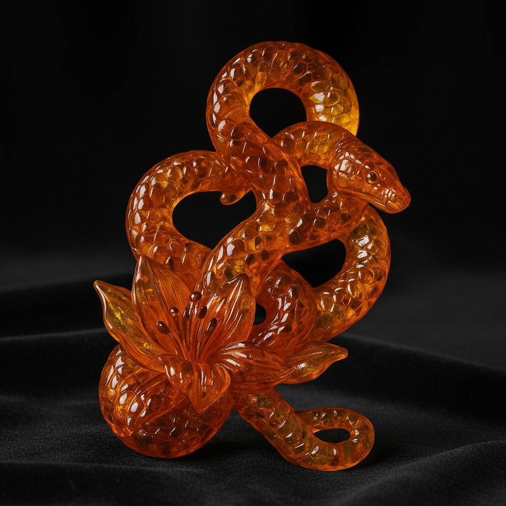 Snake with lily Baltic amber figurine by KIZIMA® — handmade in USA, additional view