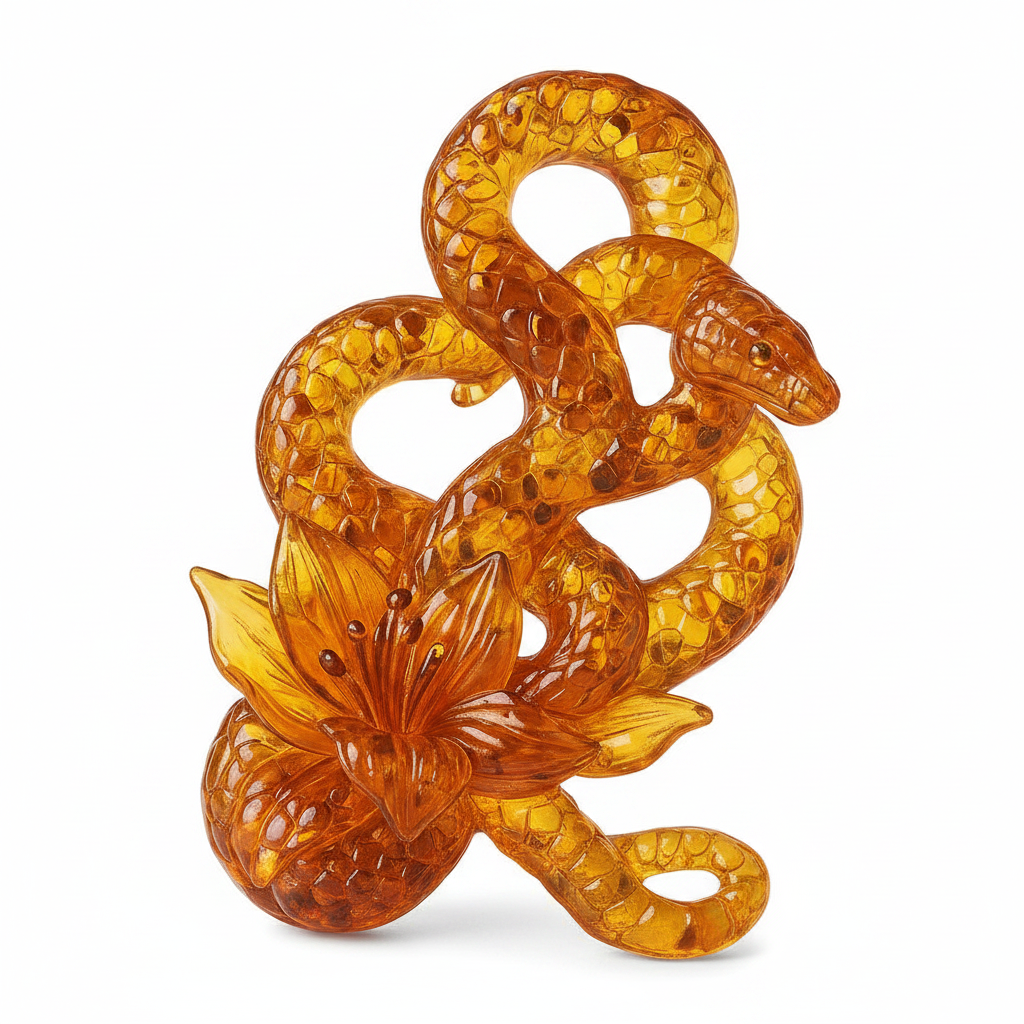 Snake with lily Baltic amber figurine by KIZIMA® — handmade in USA, detail view