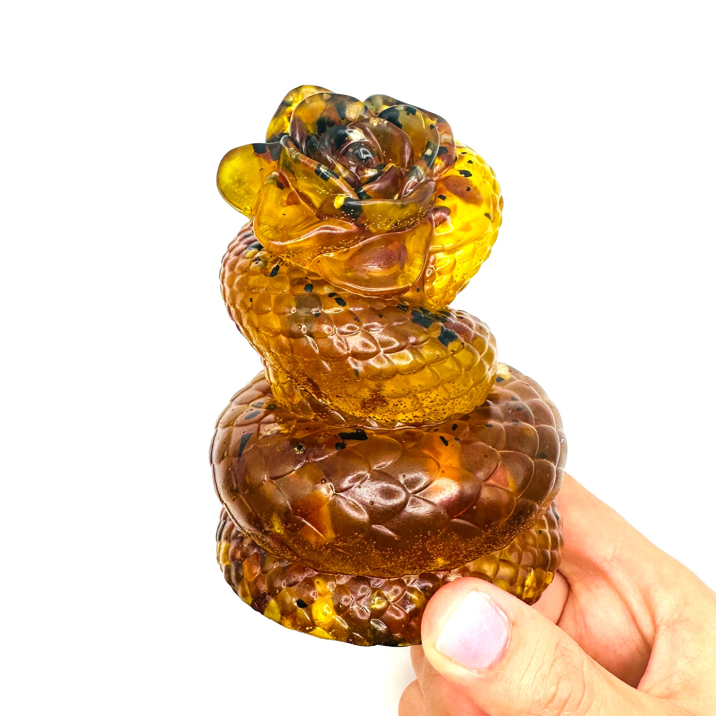 Baltic amber snake with rose figurine, gothic Halloween decor, handmade by KIZIMA New York