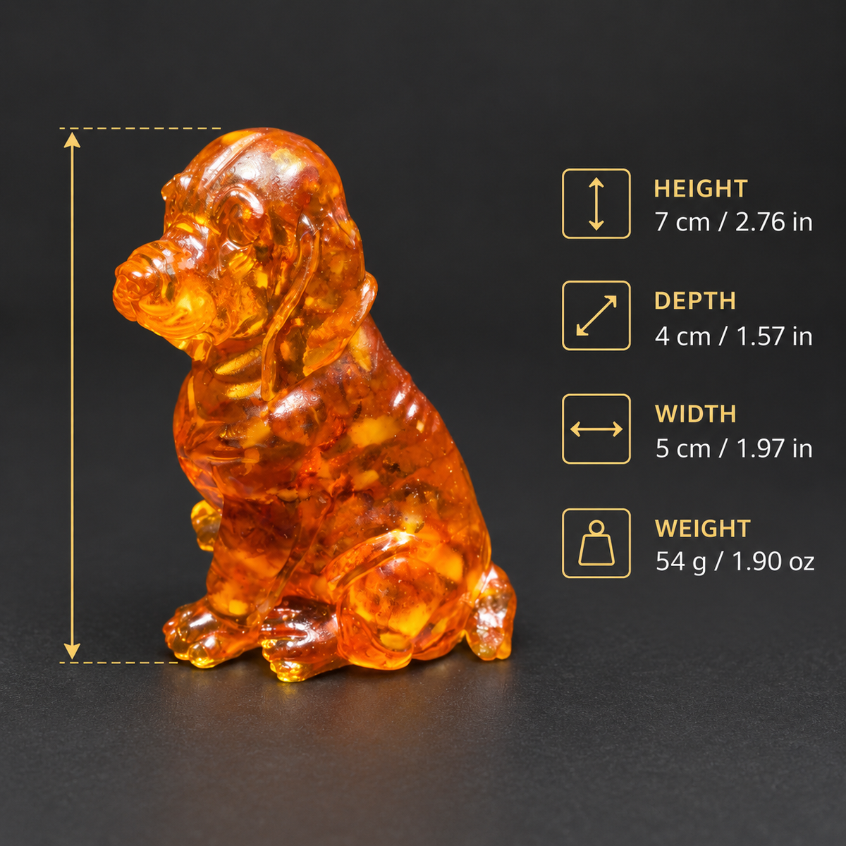 Amber spaniel measurement graphic: height 7 cm (2.76 in), depth 4 cm (1.57 in), width 5 cm (1.97 in); weight 54 g (1.90 oz).