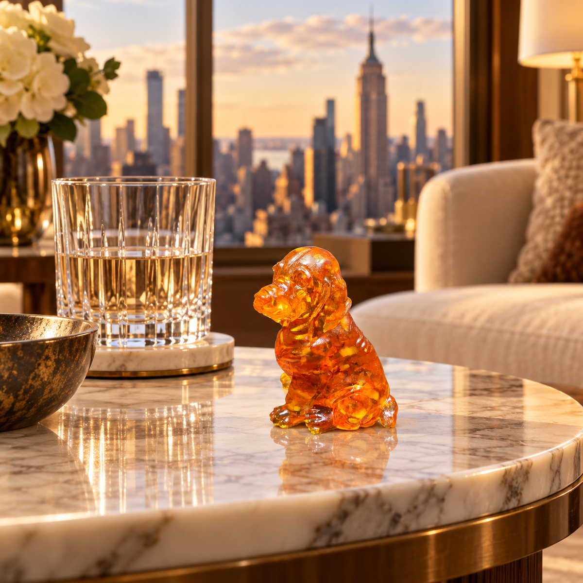 Small seated amber spaniel on a round veined table beside a drinking glass, with a pale armchair and sunset skyline behind it.