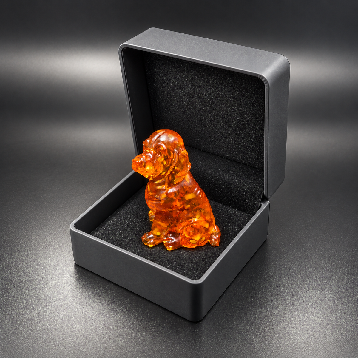 Seated amber spaniel facing left inside an open charcoal gift box, surrounded by black lining beneath the raised lid.