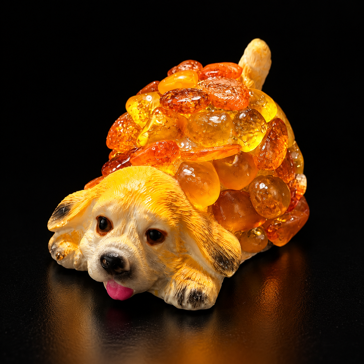 Made in USA natural Baltic amber spaniel puppy figurine, lying puppy in hand-laid amber mosaic on ceramic, glowing on black studio background — KIZIMA® Brooklyn NY