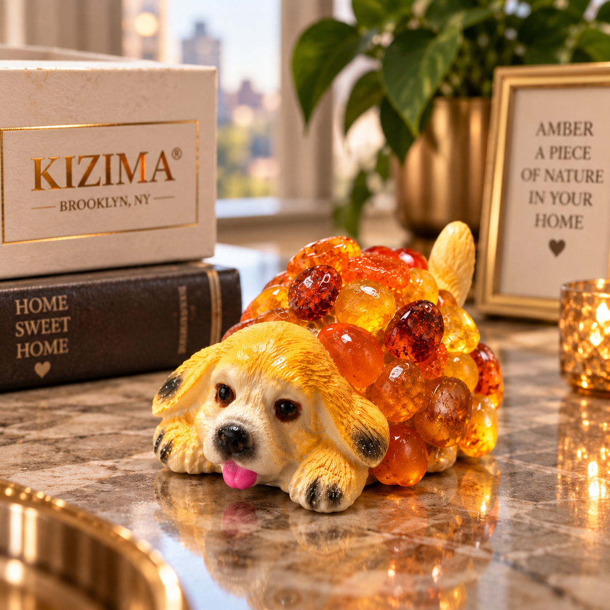 Made in USA natural Baltic amber spaniel puppy figurine as desk decor with KIZIMA® Brooklyn gift box and city view — dog lover gift