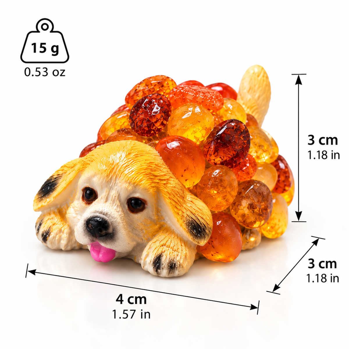 Made in USA natural Baltic amber spaniel puppy figurine size chart — 3 cm (1.18 in) tall, 4 cm (1.57 in) long, 3 cm (1.18 in) deep, 15 g (0.53 oz) — KIZIMA® Brooklyn NY