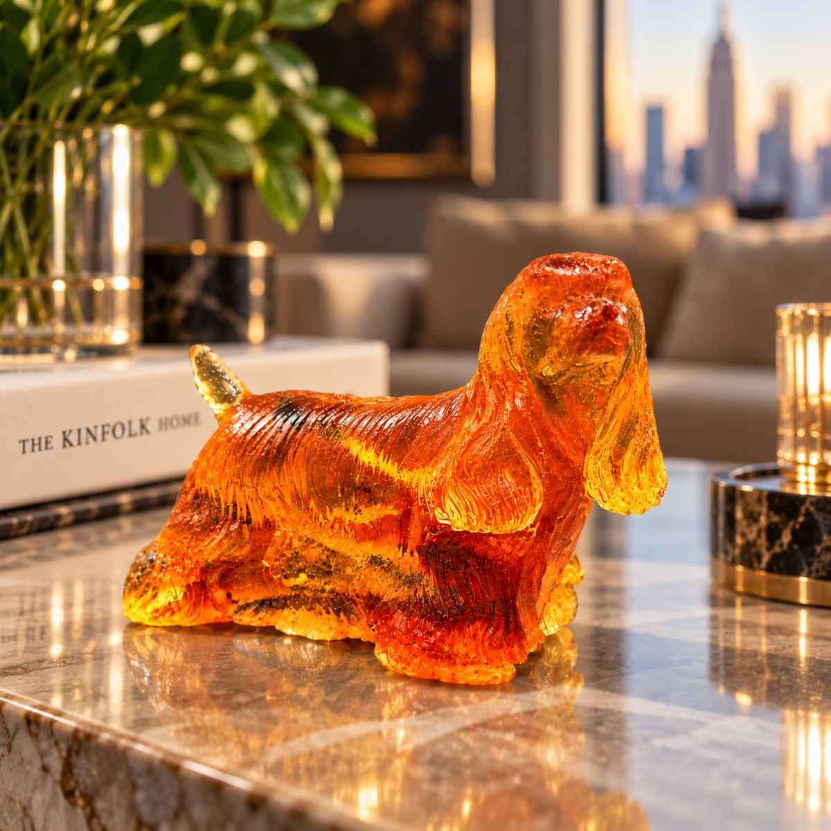 Made in USA natural Baltic amber standing Cocker Spaniel figurine as desk decor on a marble console with Manhattan skyline — spaniel lover gift by KIZIMA® Brooklyn NY