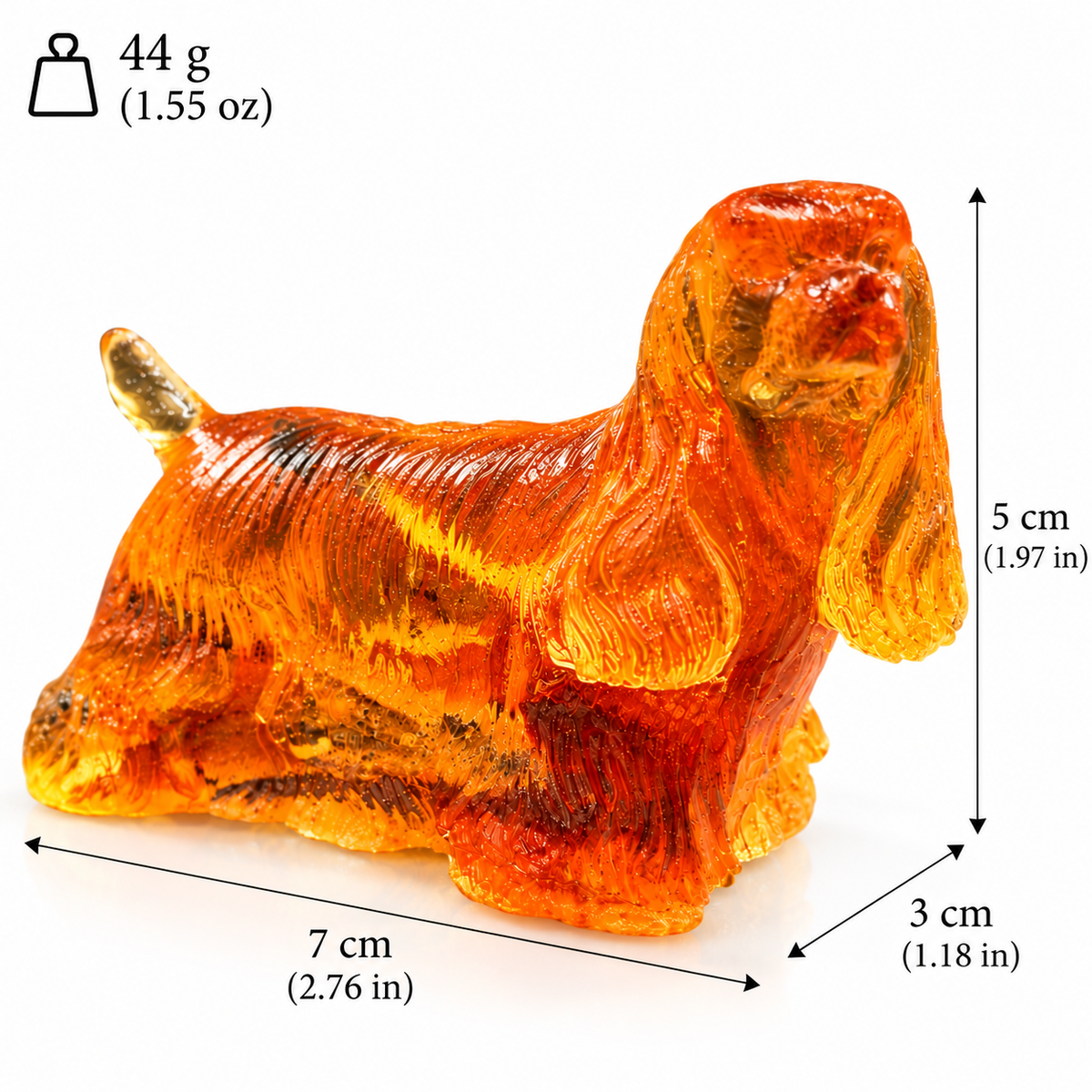 Made in USA natural Baltic amber standing Cocker Spaniel figurine size chart — 5 cm (1.97 in) tall, 7 cm (2.76 in) long, 3 cm (1.18 in) wide, 44 g (1.55 oz) — KIZIMA® Brooklyn NY