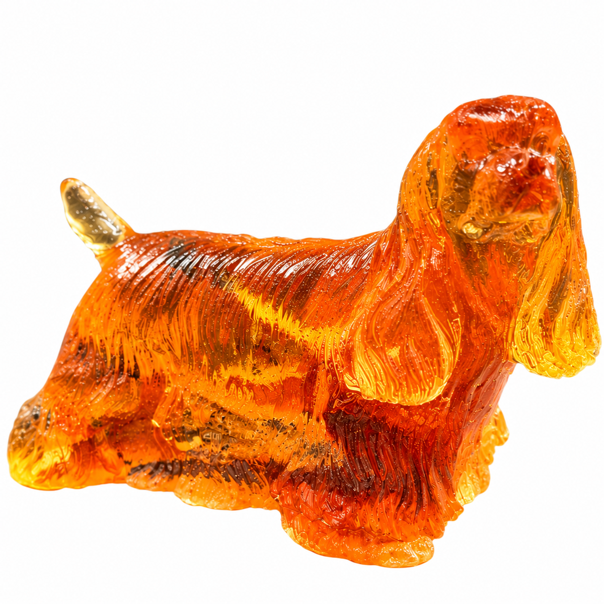 Made in USA natural Baltic amber standing Cocker Spaniel figurine on white background — show-stance spaniel in translucent honey-cognac amber with natural inclusions, KIZIMA® Brooklyn NY