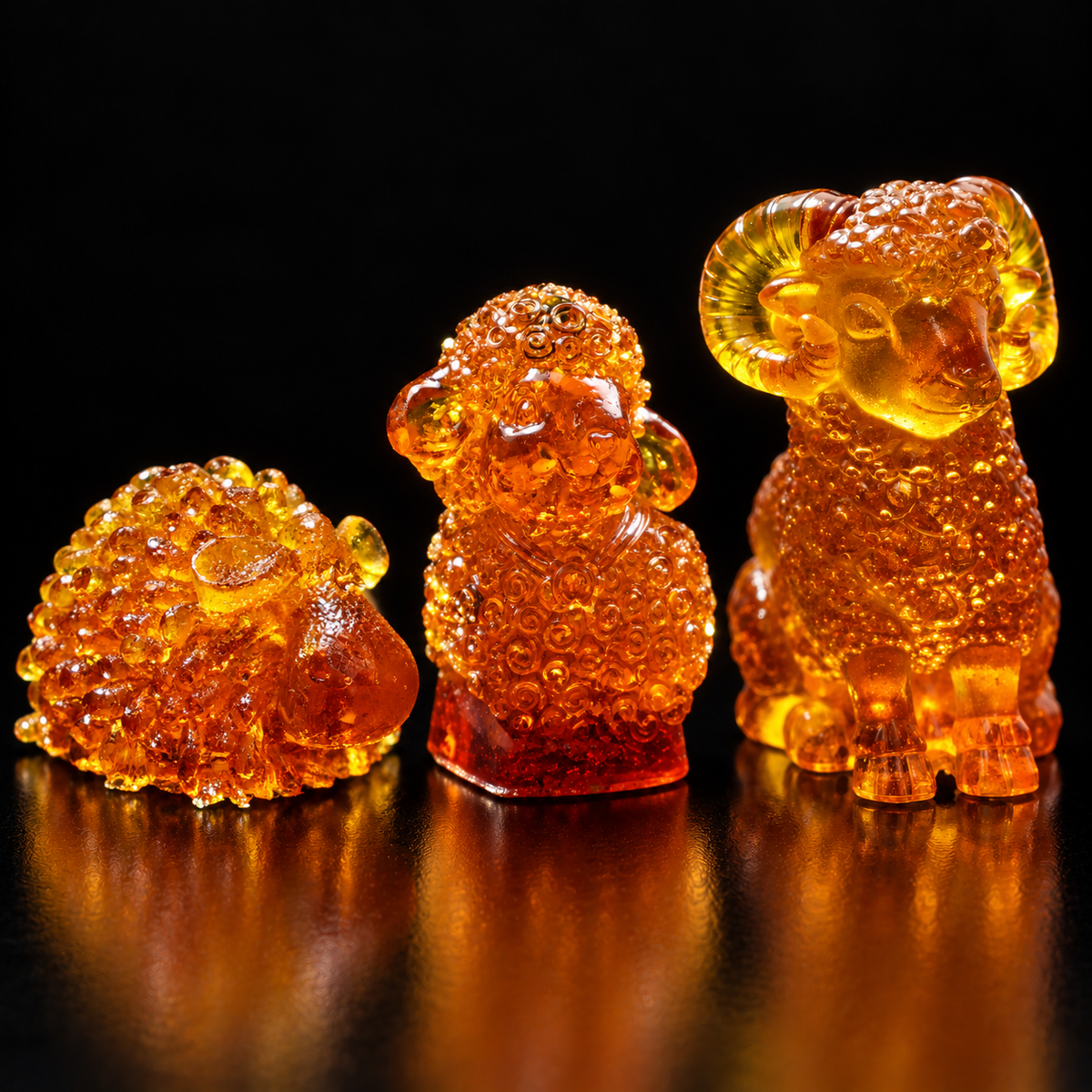 Made in USA Natural Baltic Amber Three Rams set by KIZIMA® on a black studio backdrop, sheep, lamb and ram, San Yang Kai Tai Christmas and New Year 2027 gift