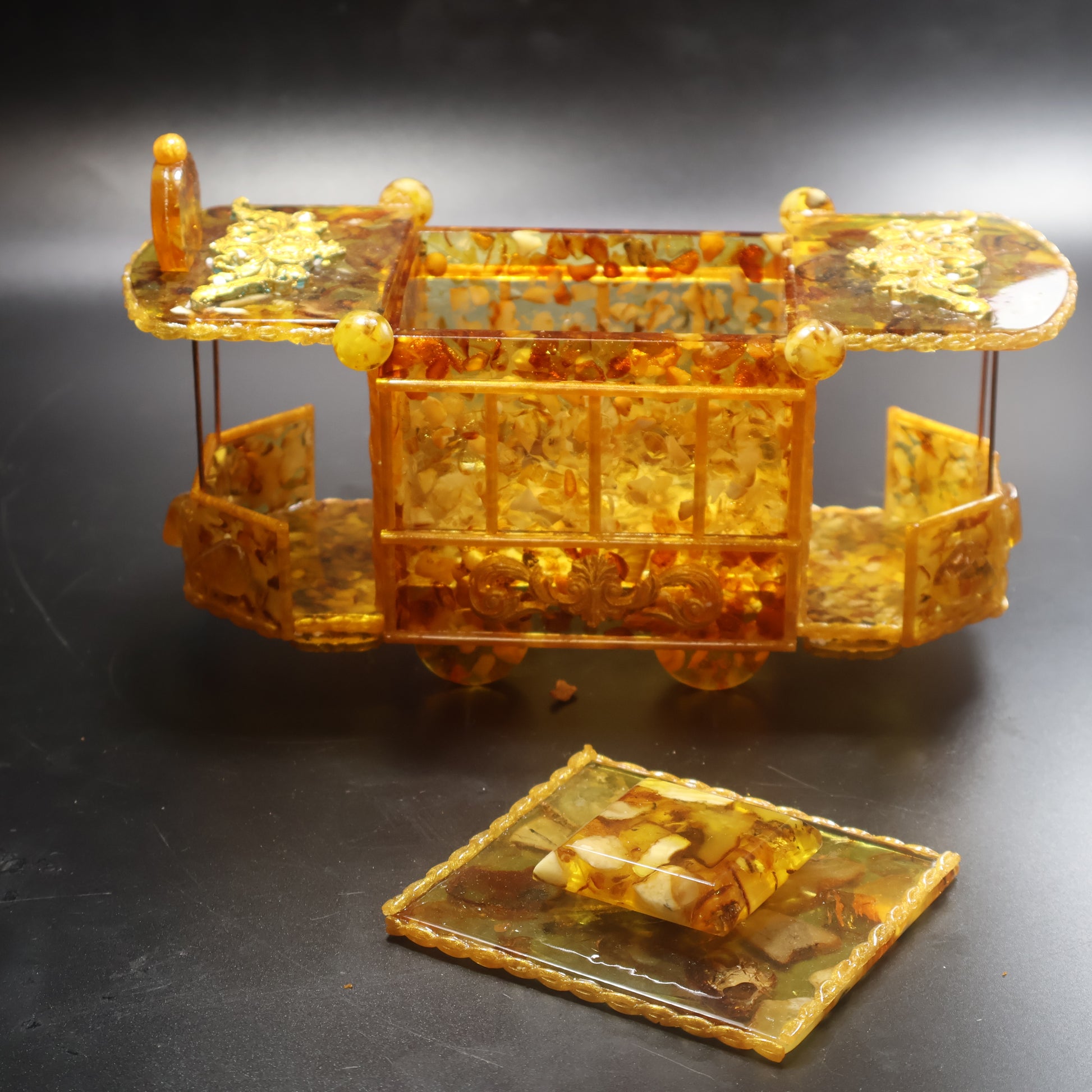 Made in USA Natural Baltic Amber vintage tram jewelry box handcrafted by KIZIMA in Brooklyn New York, front three-quarter view on white background