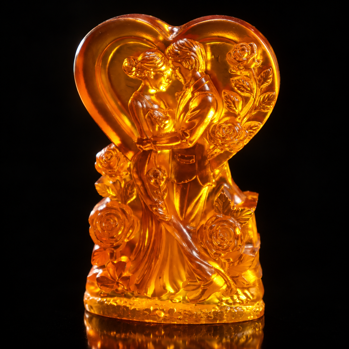 Baltic amber wedding couple heart on a black studio backdrop, handcrafted in Brooklyn New York by KIZIMA®, Made in USA