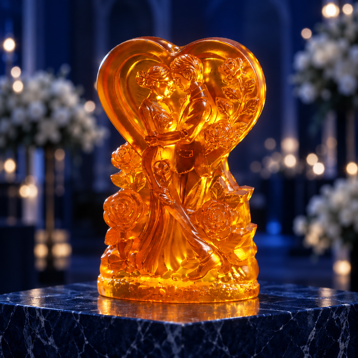 Natural Baltic Amber wedding heart sculpture in a luxury navy interior, Made in USA anniversary gift for couples