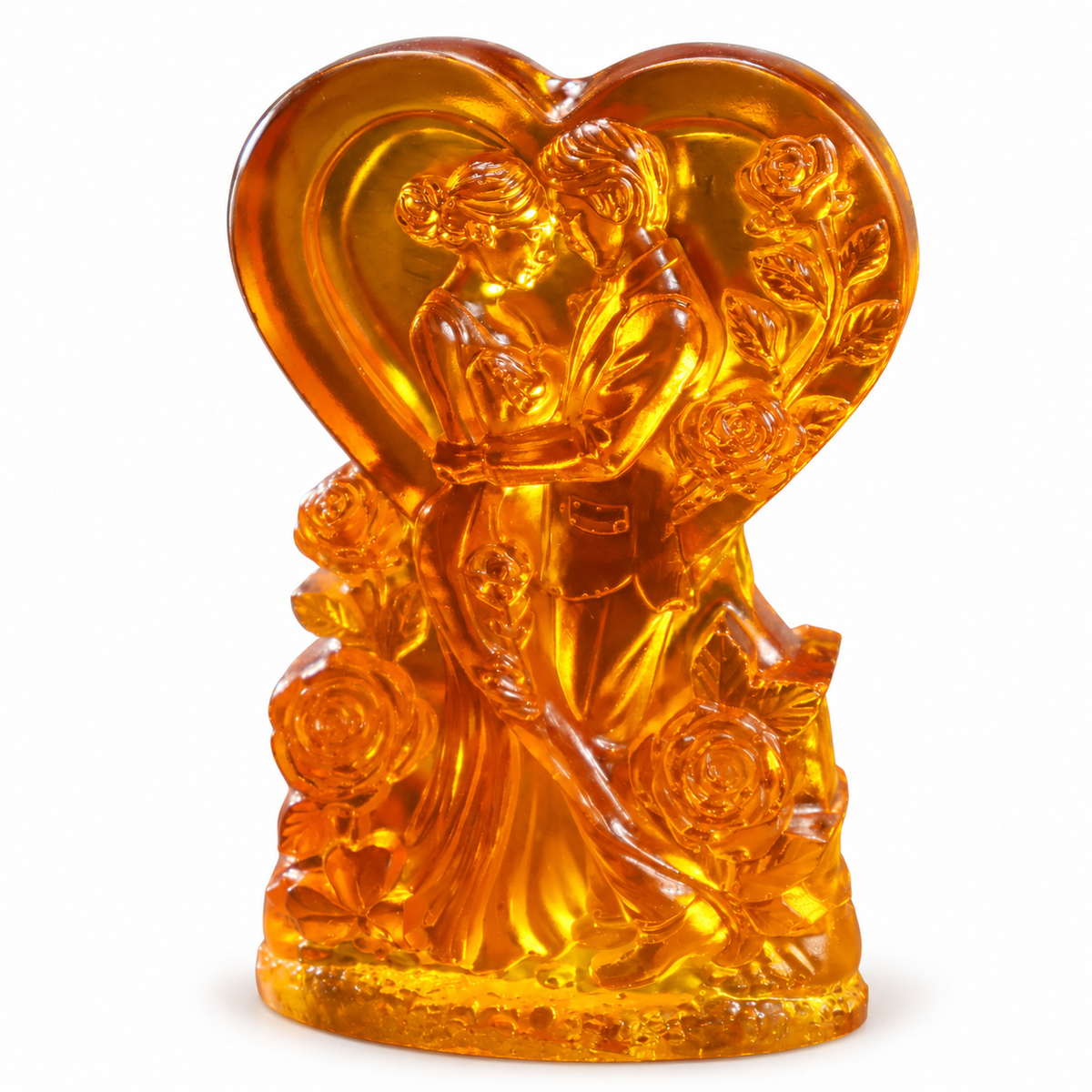 Made in USA Natural Baltic Amber wedding heart with bride and groom by KIZIMA® on a clean white background, bridal keepsake