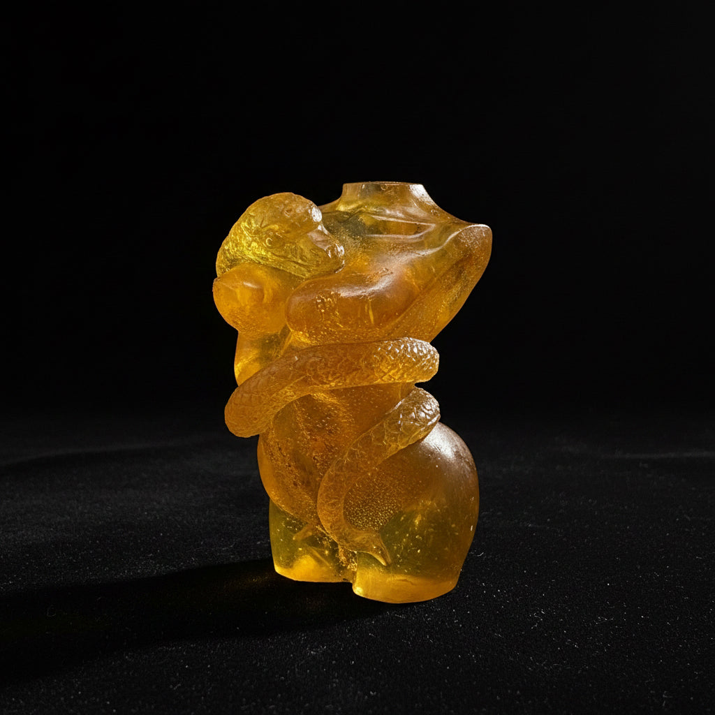Baltic amber woman and snake figurine, handmade by KIZIMA New York