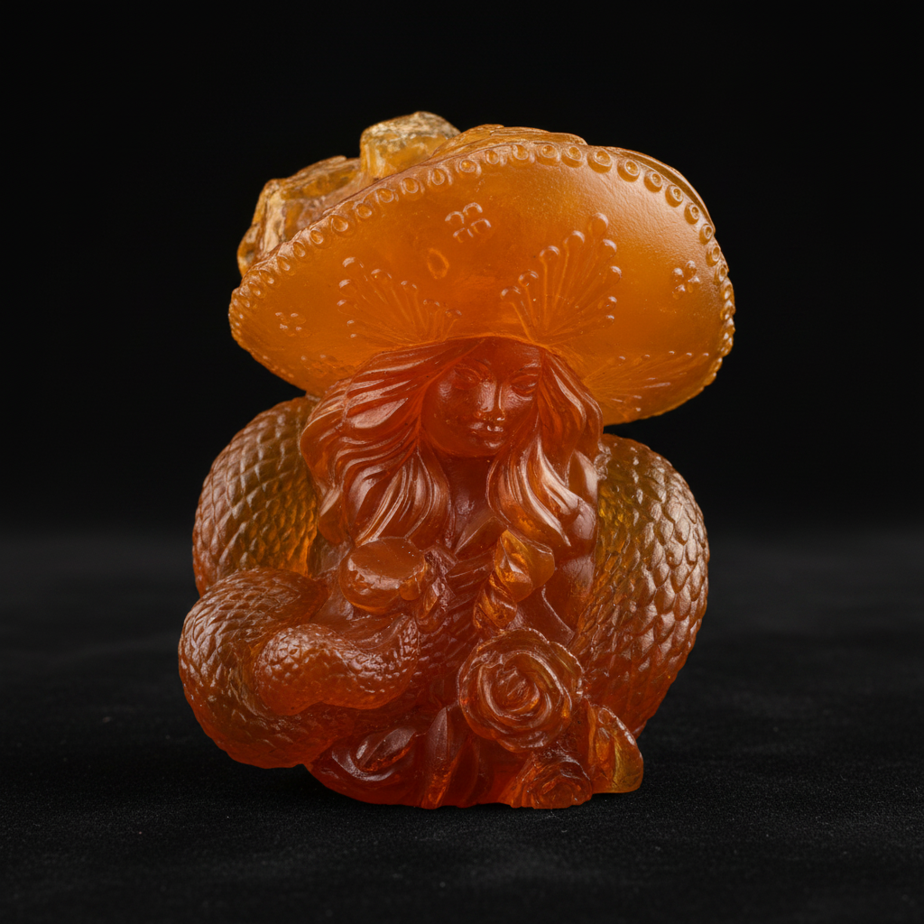 Woman with snake Baltic amber figurine by KIZIMA® — handmade in USA, detail view