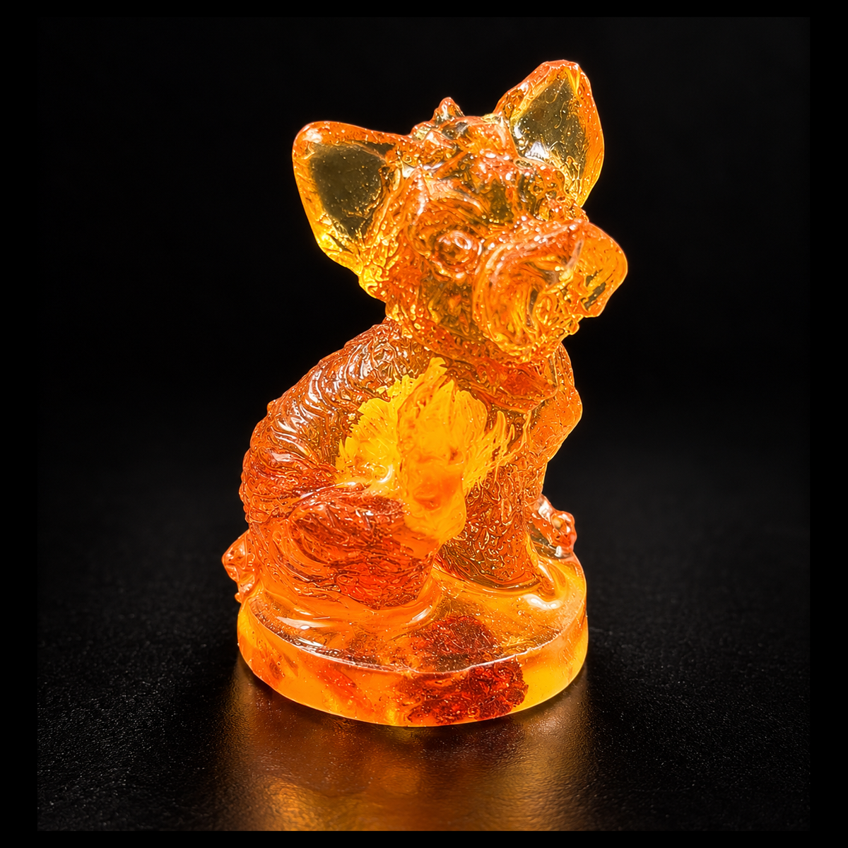 Made in USA natural Baltic amber Yorkshire Terrier figurine on amber base, sitting mini Yorkie with pointed ears glowing honey-cognac on black studio background — KIZIMA® Brooklyn NY