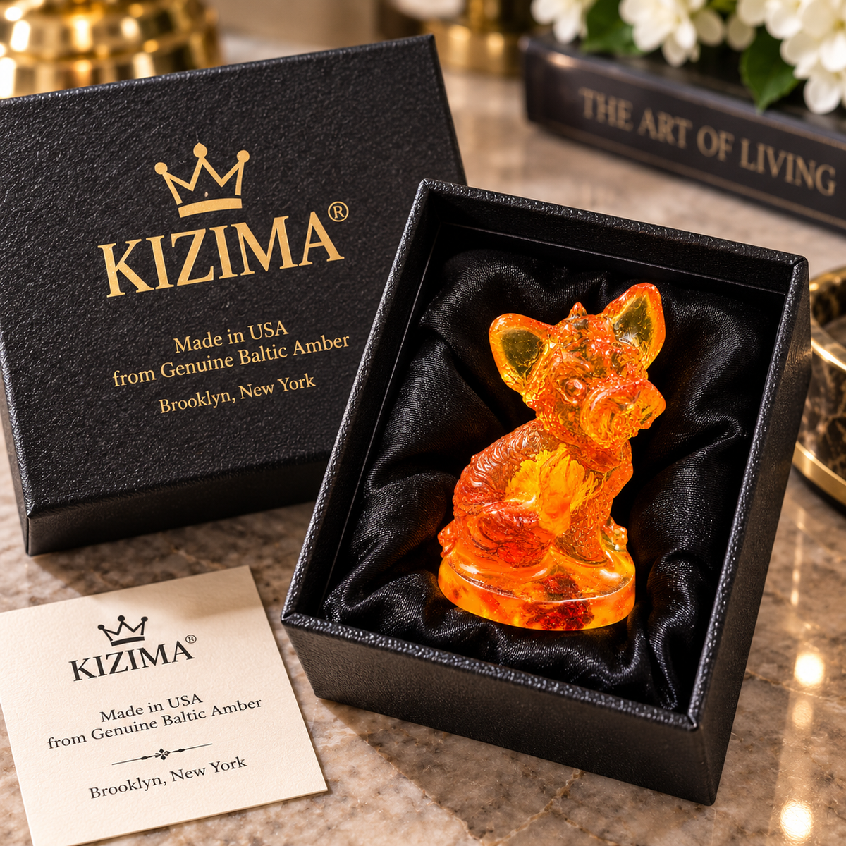 Made in USA natural Baltic amber Yorkshire Terrier figurine on amber base in black KIZIMA® gift box with certificate of authenticity — ready-to-give Yorkie lover gift