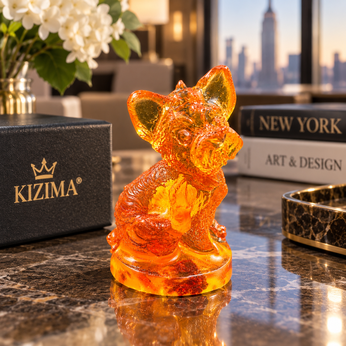 Made in USA natural Baltic amber Yorkshire Terrier figurine on amber base as desk decor on a marble console with Manhattan skyline — tiny Yorkie gift by KIZIMA® Brooklyn NY