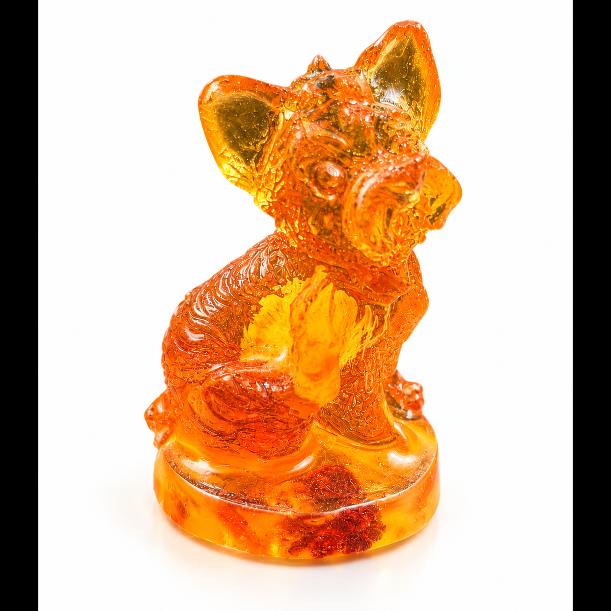 Made in USA natural Baltic amber Yorkshire Terrier figurine on amber base, side view of sitting mini Yorkie with long coat on round pedestal — KIZIMA® Brooklyn NY