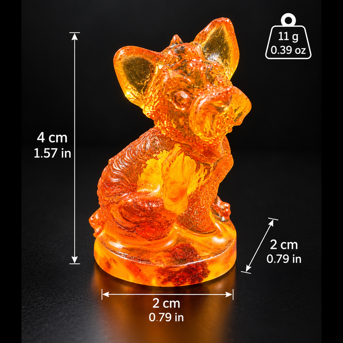 Made in USA natural Baltic amber Yorkshire Terrier figurine on amber base size chart — 4 cm (1.57 in) tall, 2 cm (0.79 in) deep, 2 cm (0.79 in) wide, 11 g (0.39 oz) — KIZIMA® Brooklyn NY