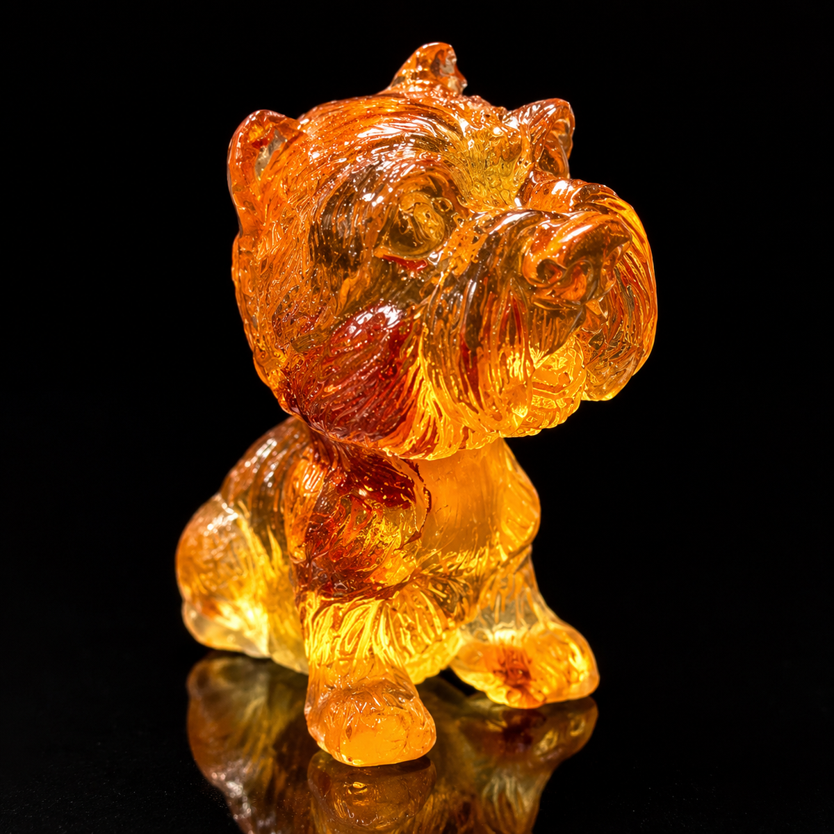 Made in USA natural Baltic amber Yorkshire Terrier puppy figurine, sitting bearded terrier glowing honey-gold on black studio background, handcrafted by KIZIMA® Brooklyn NY