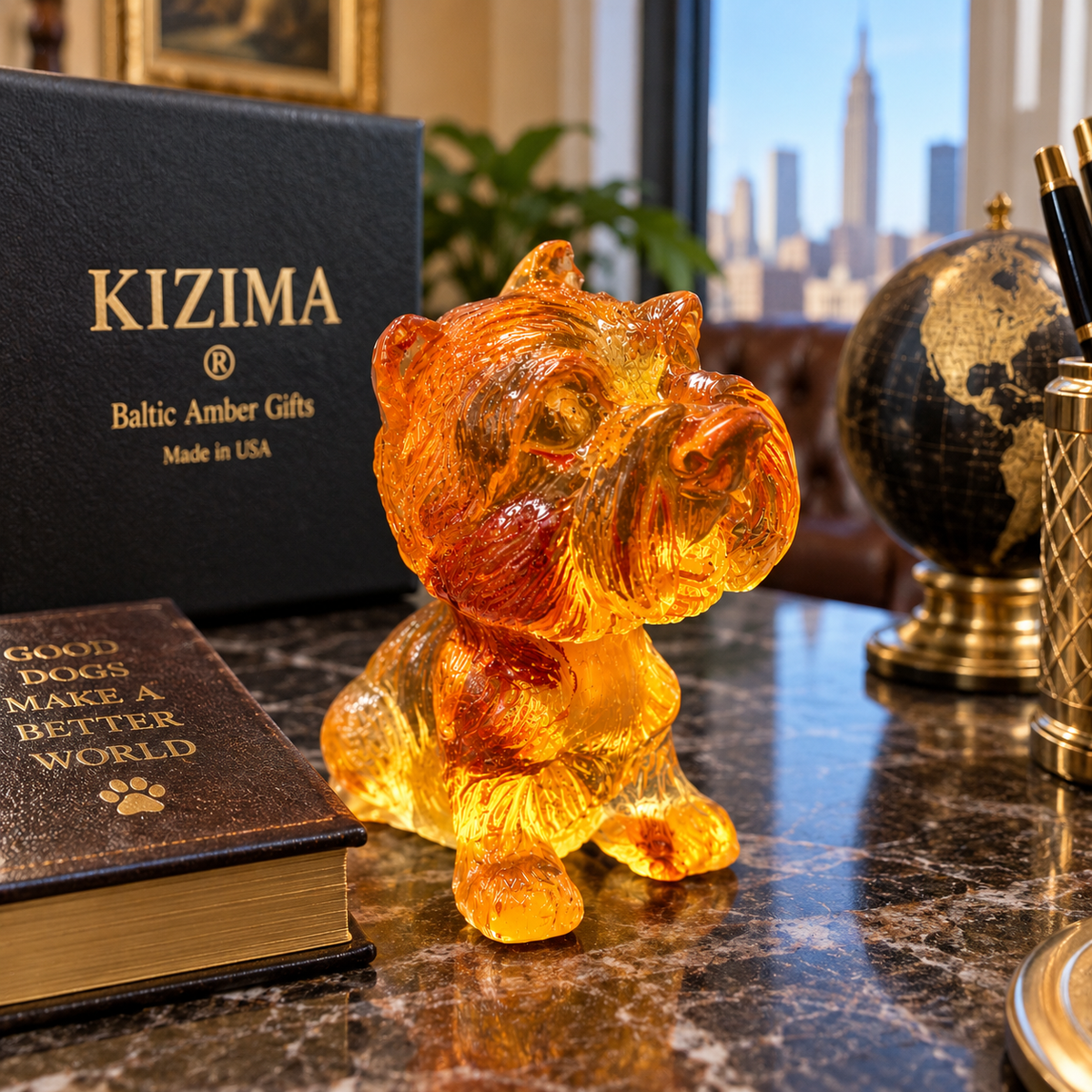 Made in USA natural Baltic amber Yorkshire Terrier puppy figurine as desk decor with KIZIMA® gift box, globe and Manhattan skyline — terrier lover gift