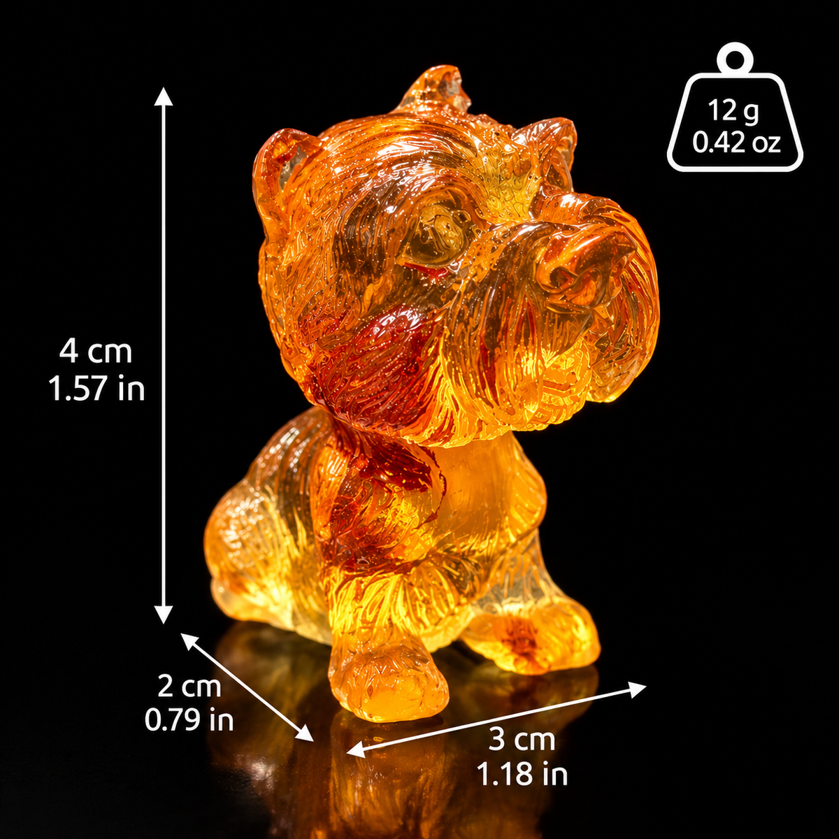 Made in USA natural Baltic amber Yorkshire Terrier puppy figurine size chart — 4 cm (1.57 in) tall, 3 cm (1.18 in) wide, 2 cm (0.79 in) deep, 12 g (0.42 oz) — KIZIMA® Brooklyn NY