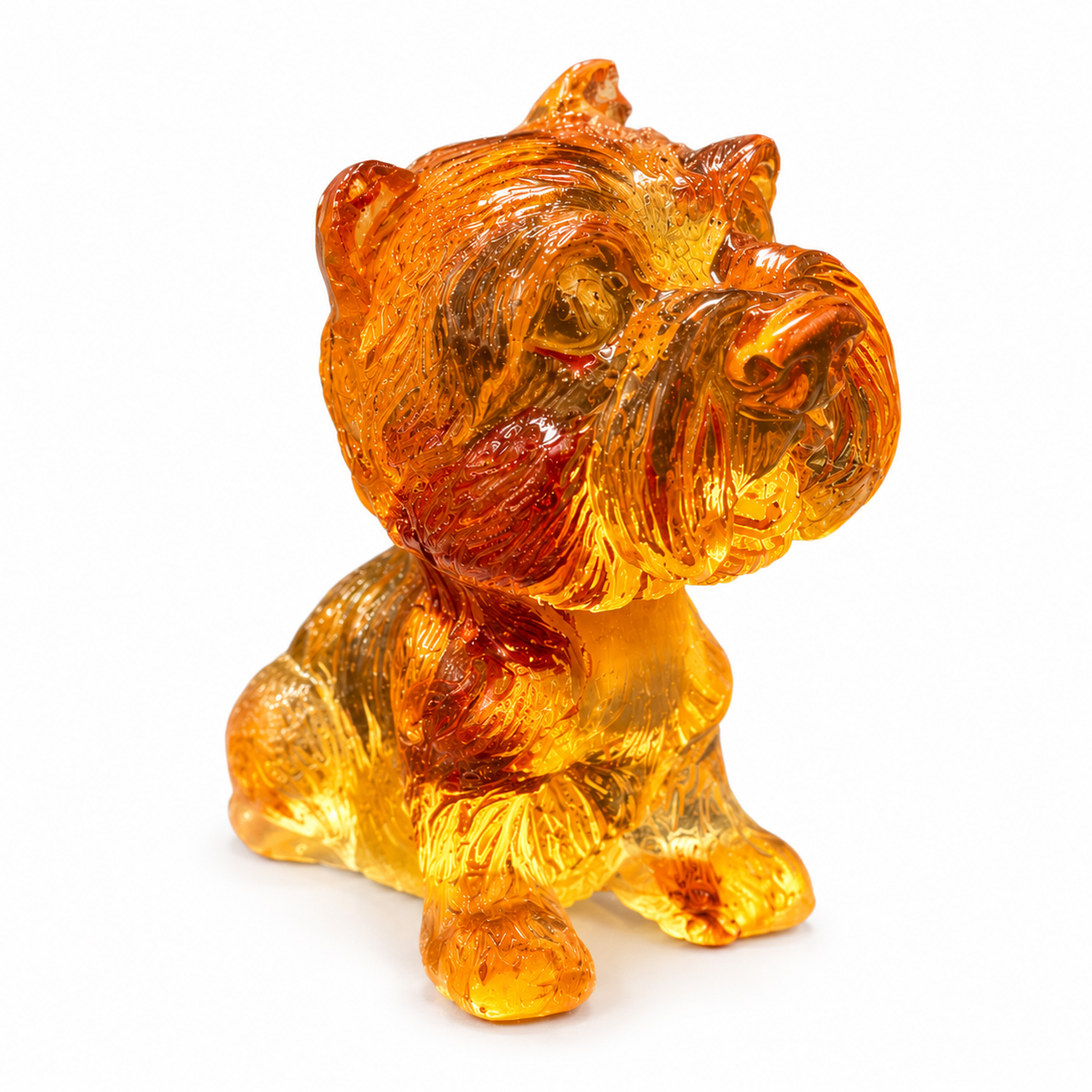 Made in USA natural Baltic amber Yorkshire Terrier puppy figurine on white background — sitting bearded terrier, KIZIMA® Brooklyn NY