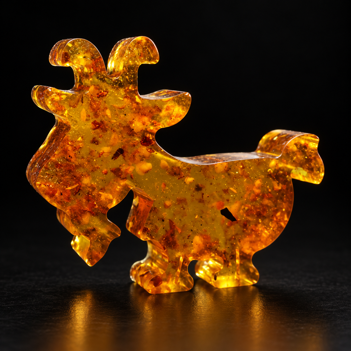 Made in USA Natural Baltic Amber Yule goat figurine by KIZIMA® on a black studio backdrop, Scandinavian Christmas and New Year 2027 gift