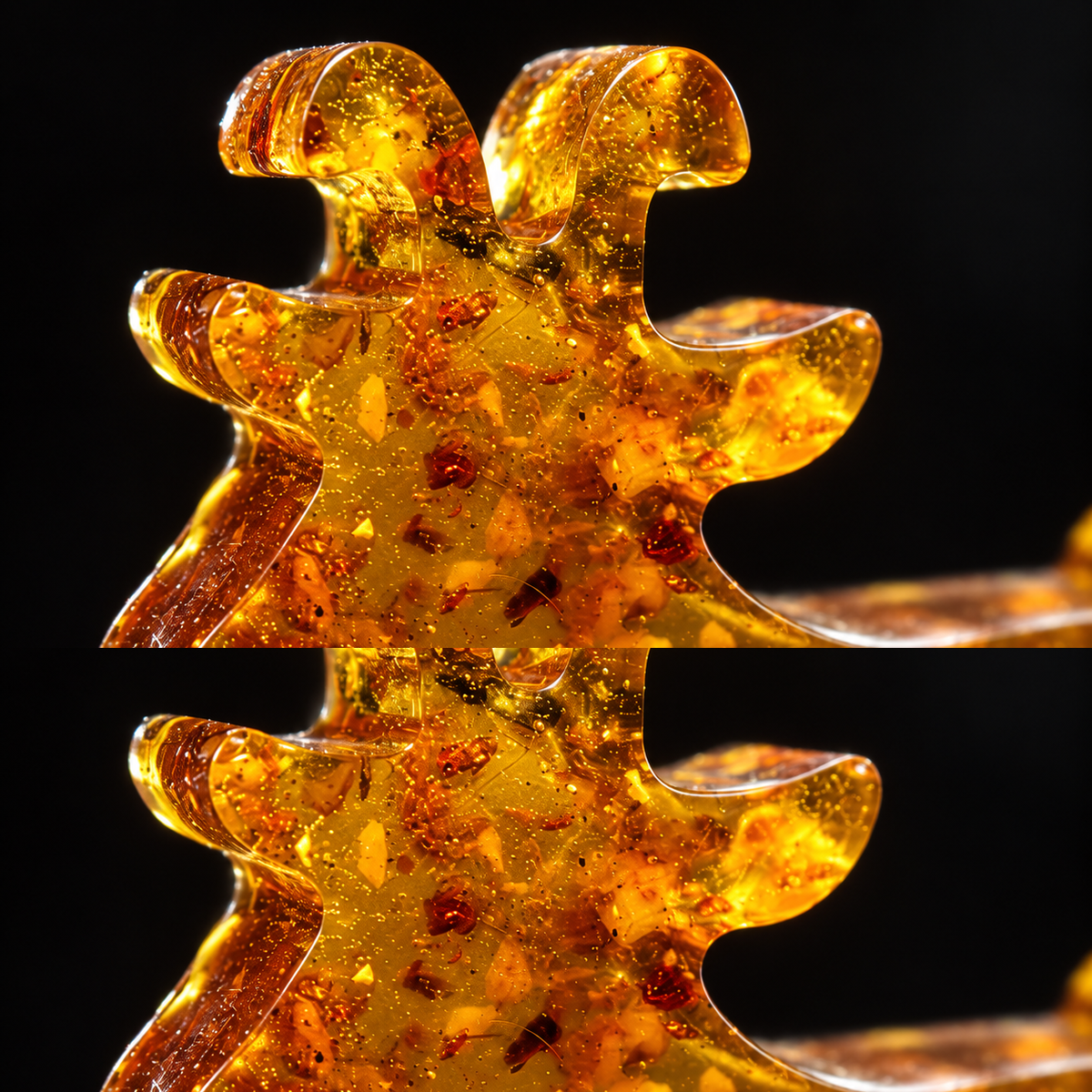 Macro detail of the curved horns of the amber Yule goat, light passing through genuine Baltic amber, Made in USA by KIZIMA®