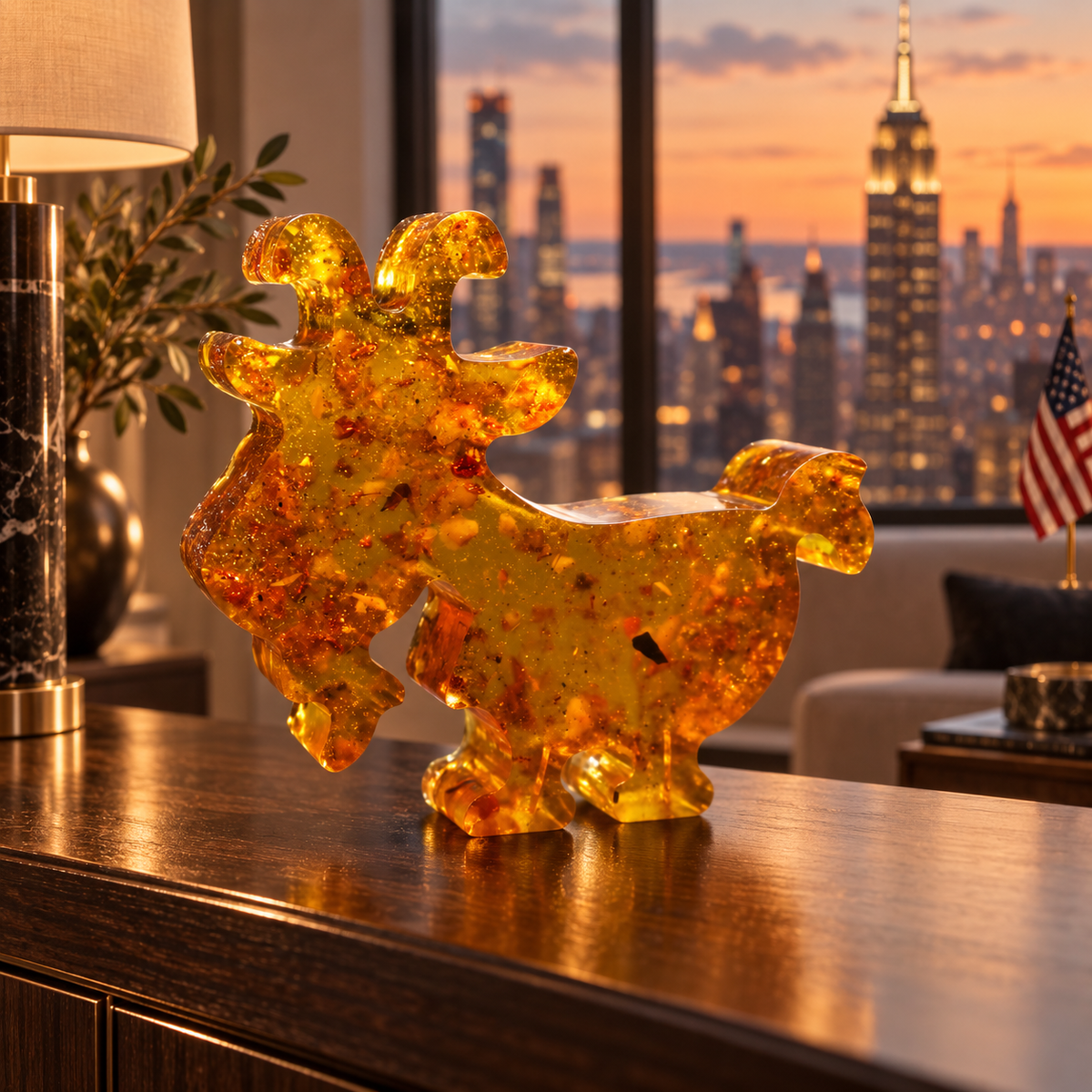 Baltic amber Yule goat on a holiday shelf in a Manhattan interior, Julbock Christmas decor for the Year of the Goat, handmade in Brooklyn