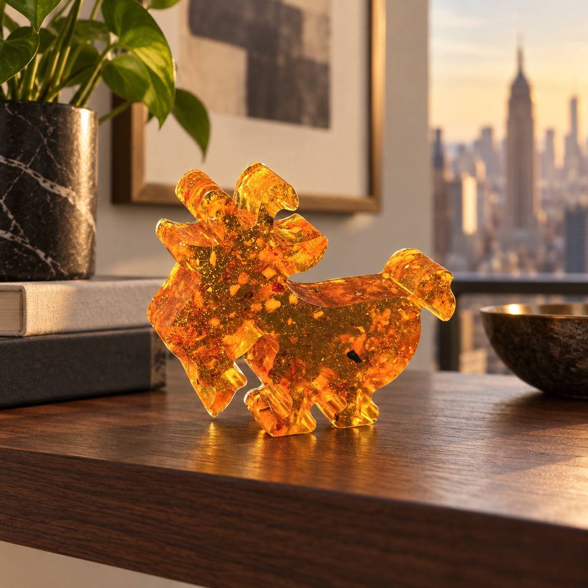 Small Baltic amber Yule goat on a shelf in a Manhattan interior, Scandinavian Christmas decor handmade in Brooklyn