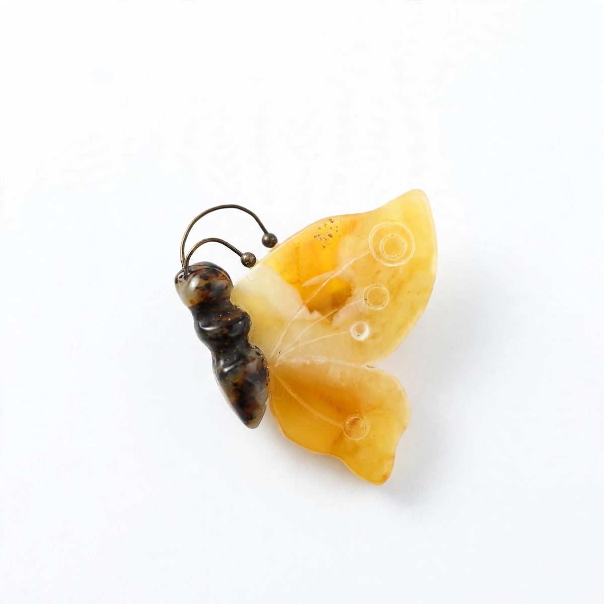 Handmade Baltic amber butterfly brooch on white background — KIZIMA, Made in USA