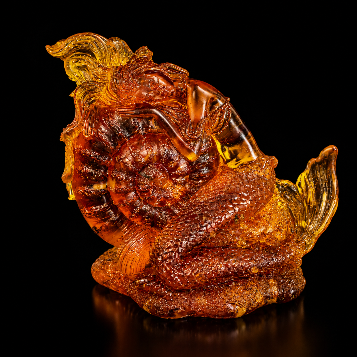 Mermaid with shell Baltic amber figurine, handmade by KIZIMA New York — genuine amber sculpture, front view