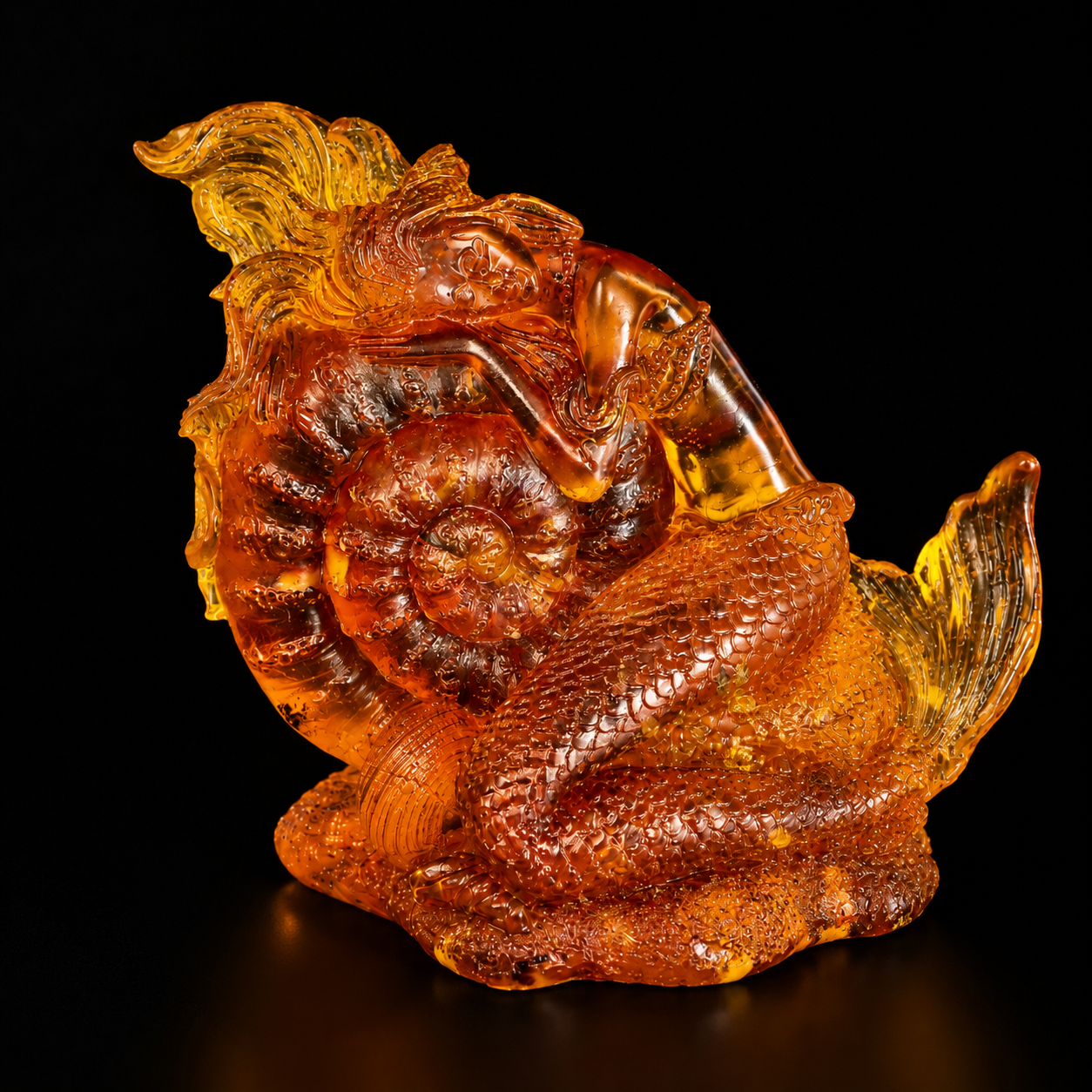 KIZIMA® mermaid with shell Baltic amber figurine — genuine amber decor, handmade in USA, detail view